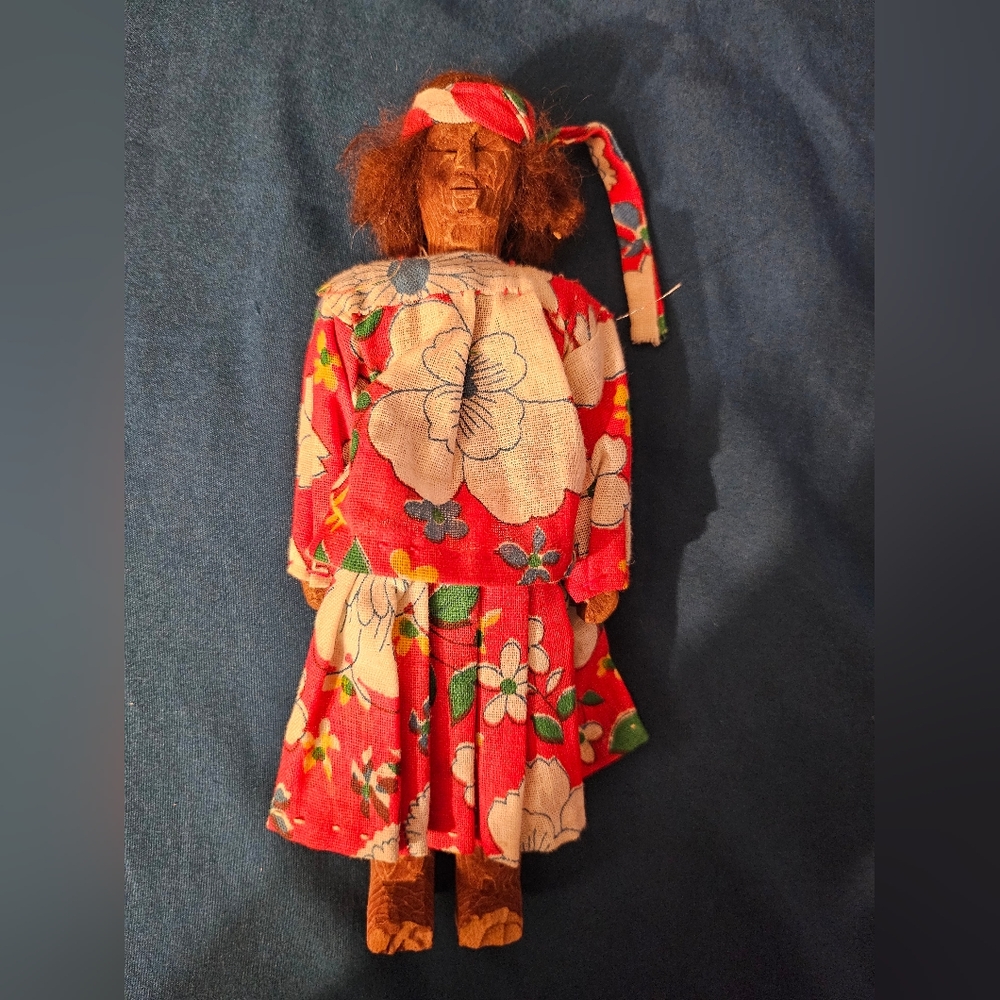 Handcrafted Wooden Doll with Floral Dress‎ Vintage